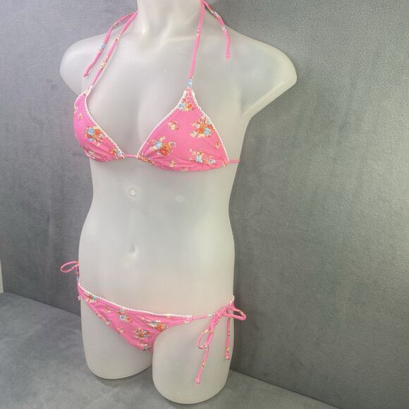 AGUA DOCE Brazilian 2-pc Bikini Size Large Pink Flowers Lace Trim Hip Tie - Picture 9 of 12